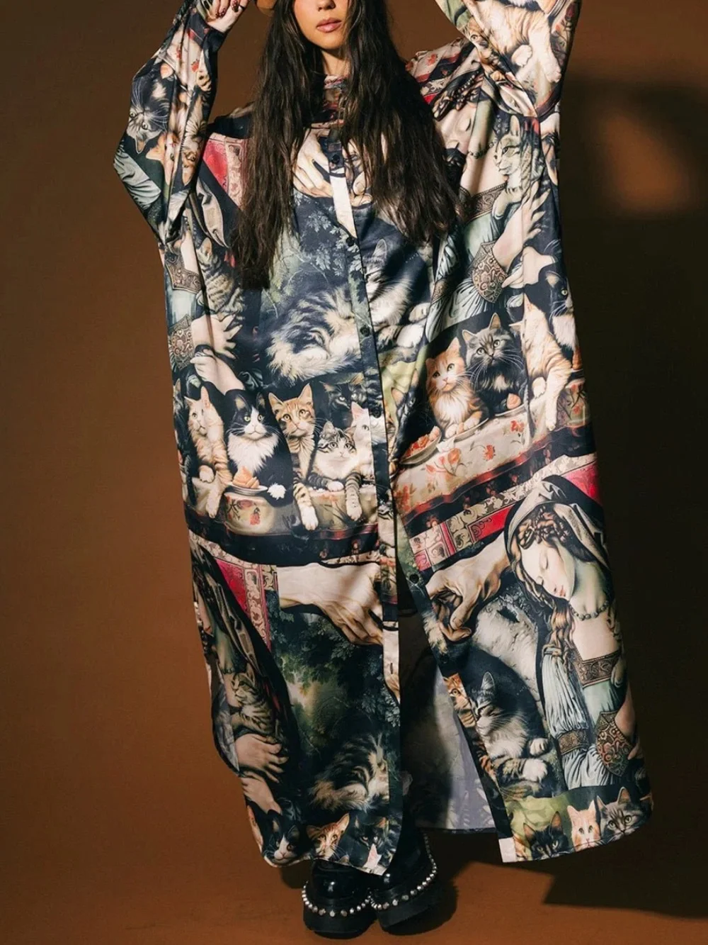 Dressed in lala Cult of Cats Satin Duster Dress, S/M L/XL